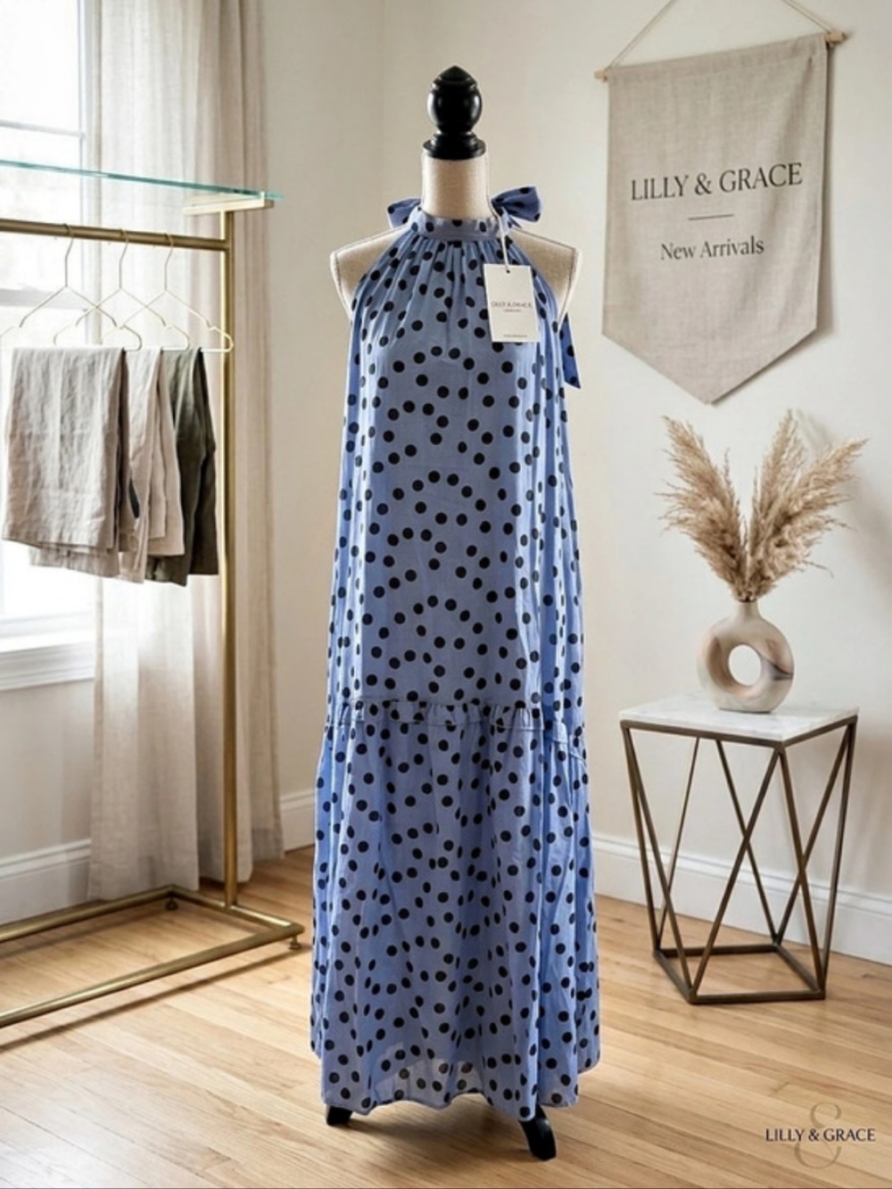 Vianova Polka Dot Maxi Dress in Blue & Black Size Medium NWT